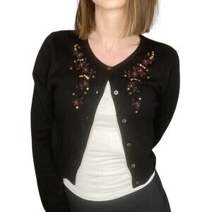 Central Park West Silk Cashmere Black Beaded Embellished Y2K Cropped Cardigan M